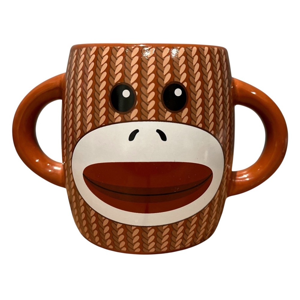 Galerie Brown Sock Monkey 2 Handled Coffee Mug Cup Face on both sides